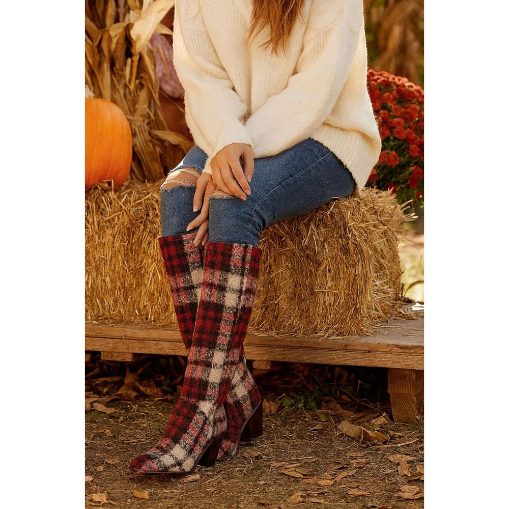 Jessica Simpson Ravyn Plaid Knee High Boots Red Black White Check Pattern Size 5